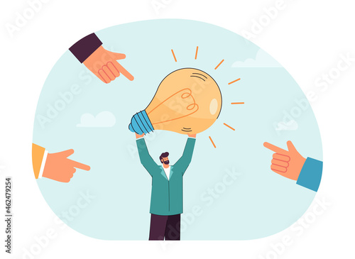 Tiny man holding light bulb and hands pointing fingers at him. Choosing best idea flat vector illustration. Generating creative idea, brainstorm concept for banner, website design or landing web page