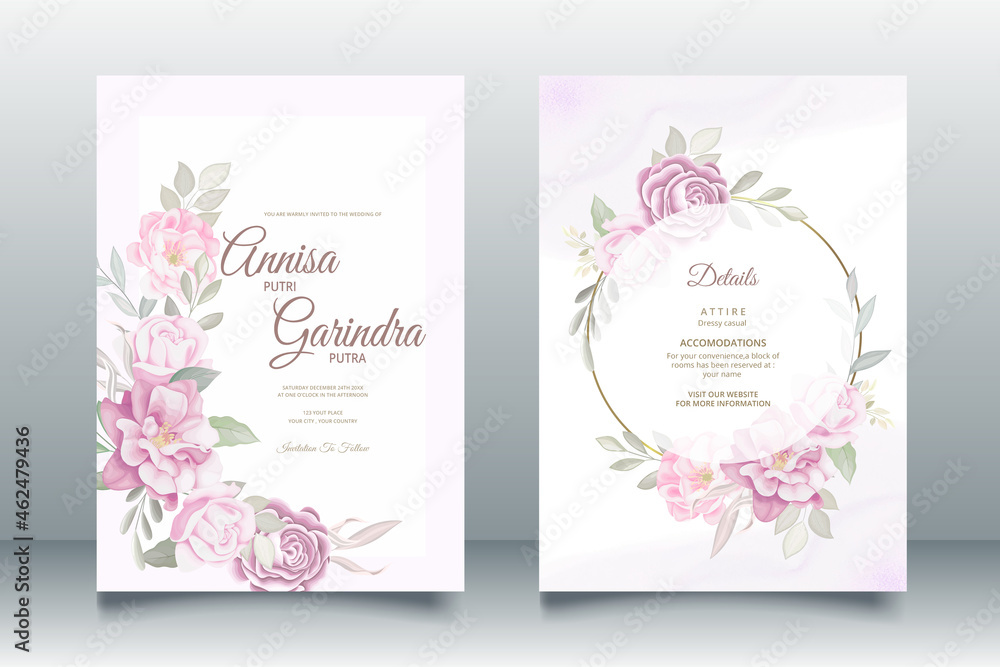 romantic wedding invitation card with beautiful purple floral and leaves template Premium Vector