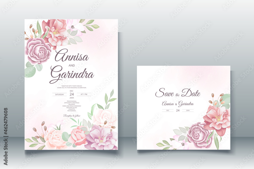 romantic colorful flower Wedding invitation card template set with beautiful  floral leaves Premium Vector
