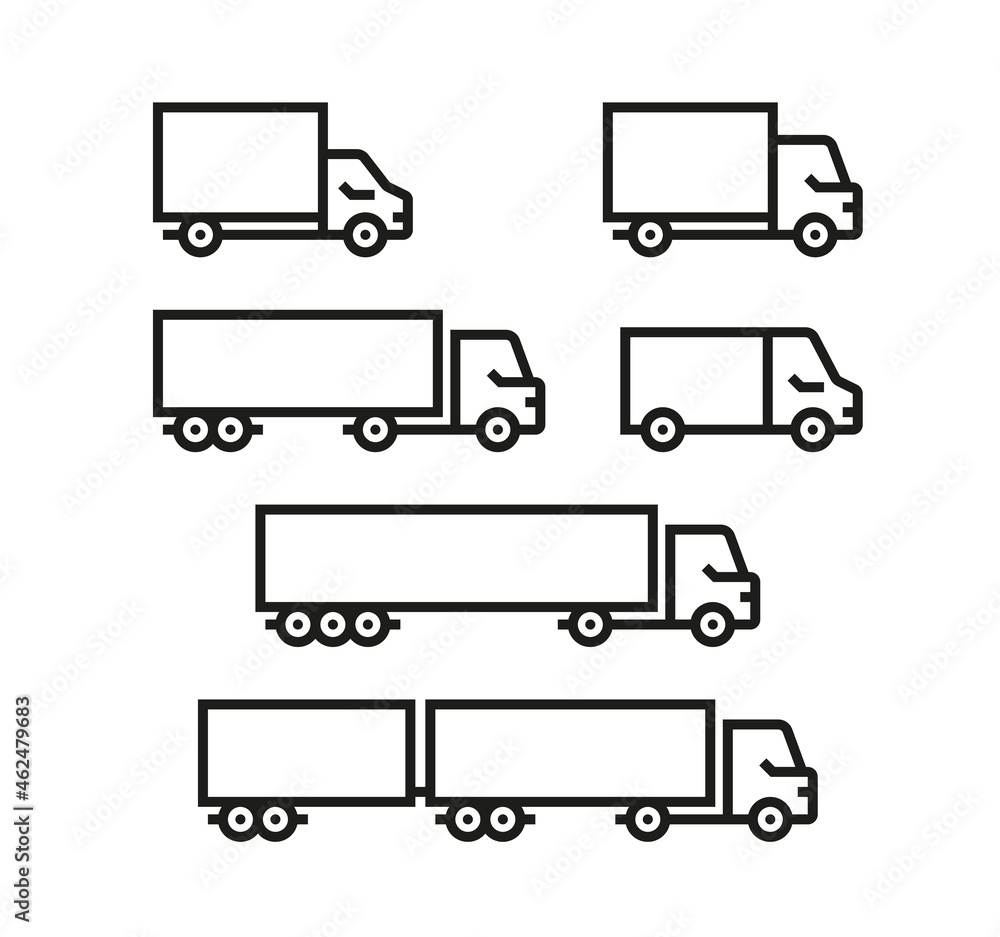 Delivery truck icons. Set of outline icons with different trucks. Vector illustration with editable strokes
