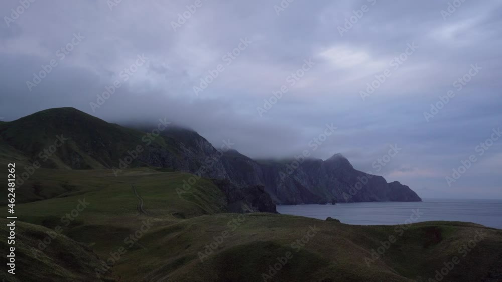 Sunset in the Bay of the Edge of the World on the island of Shikotan, Kuril Islands. Sunset in the Bay of the Edge of the World on the island of Shikotan, Kuril Islands.