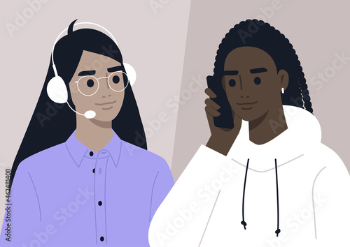 Call center assistant helping to a customer, a hotline concept