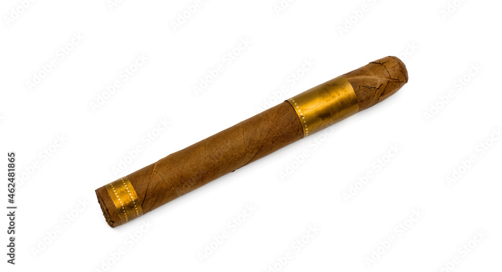 Single cigar. Handcrafted Brown cigar made with real tobacco leaves. Smoking causes addiction and cancer. Nicotine Damage your health.