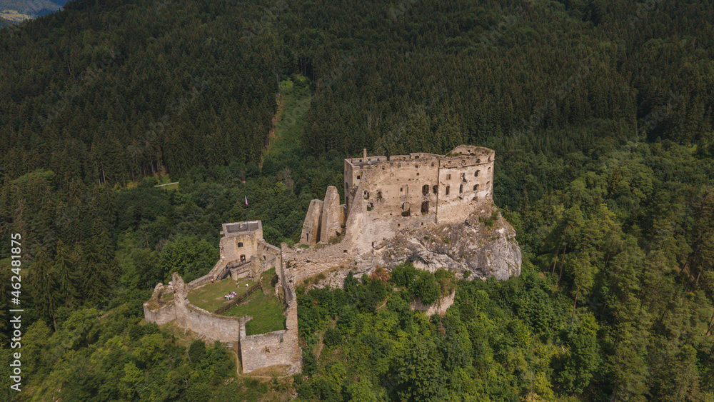 Aerial view of Likava castle in Likavka village in Slovakia