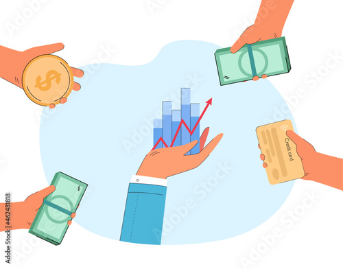 Hand of businessman holding increasing graph. Hands with coin, cash and credit card investing in business flat vector illustration. Economy, finances, investment concept banner or landing web page