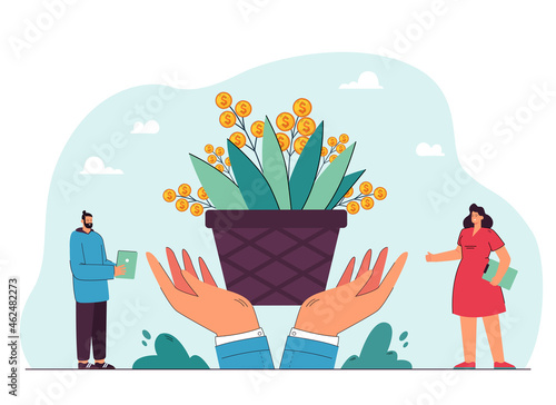 Tiny people looking at money tree with huge hands holding it. Metaphor of profit growth flat vector illustration. Business owner, business growth concept for banner, website design or landing web page