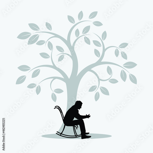 A senior man sit on rocking chair near tree. Vector illustration on gray color background.