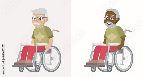 Set Old man on wheelchair on white background