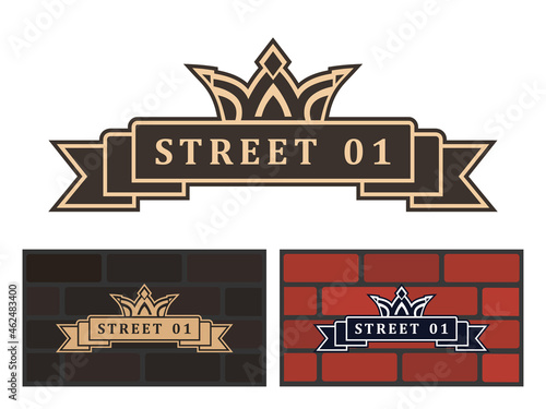 Addressable figured plaque with a crown and street number for residential and non-residential premises, houses, shops, cafes. Different colors pattern, isolated vector illustration
