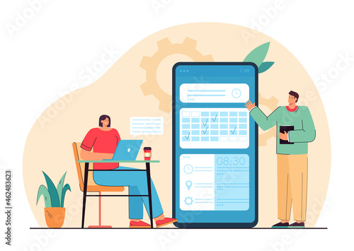 Company workers launching new mobile app flat vector illustration. New product as daily meeting organizer for businessman, calculator and budget planner. Concept of startup, application development