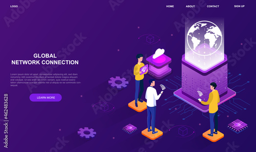 Global network connection. People communicate at work, online meeting. Joint project, company employees. Global datas exchanges over globe. Cartoon 3d vector illustration isolated on violet background