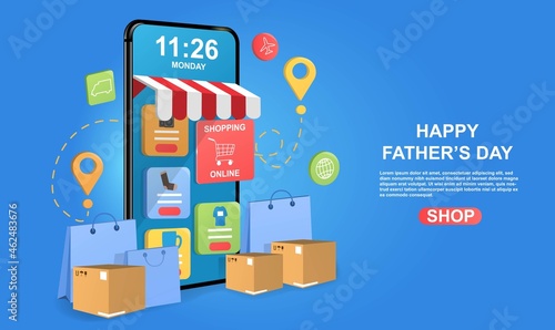 Happy Fathers Day. Smartphone with gifts for loved ones on screen. Online store, internet sales. Credit cards and shop elements. Cartoon volumetric vector illustration isolated on blue background