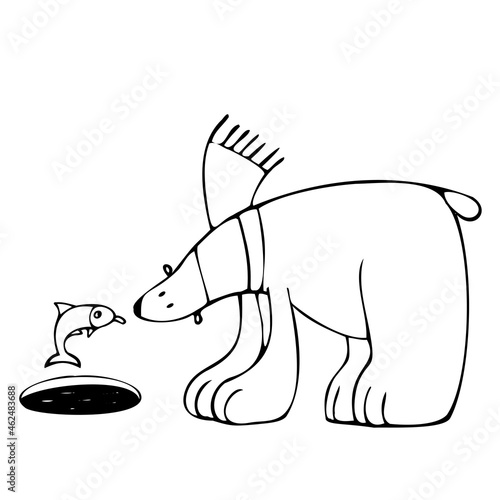 cute polar bear and angry fish, vector clipart, funny animal illustration good for card and print design