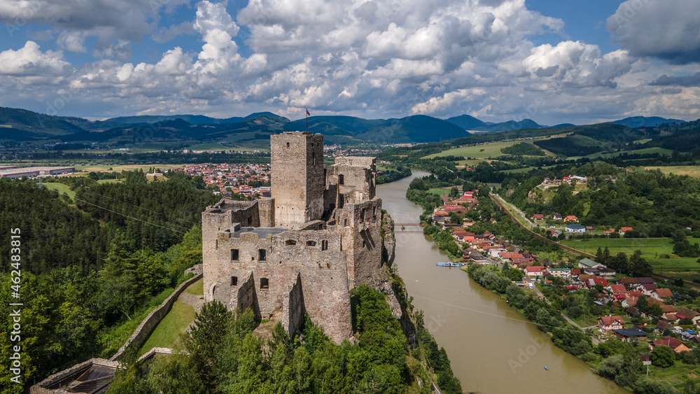 Aerial view of the castle in the village of Strecno in Slovakia