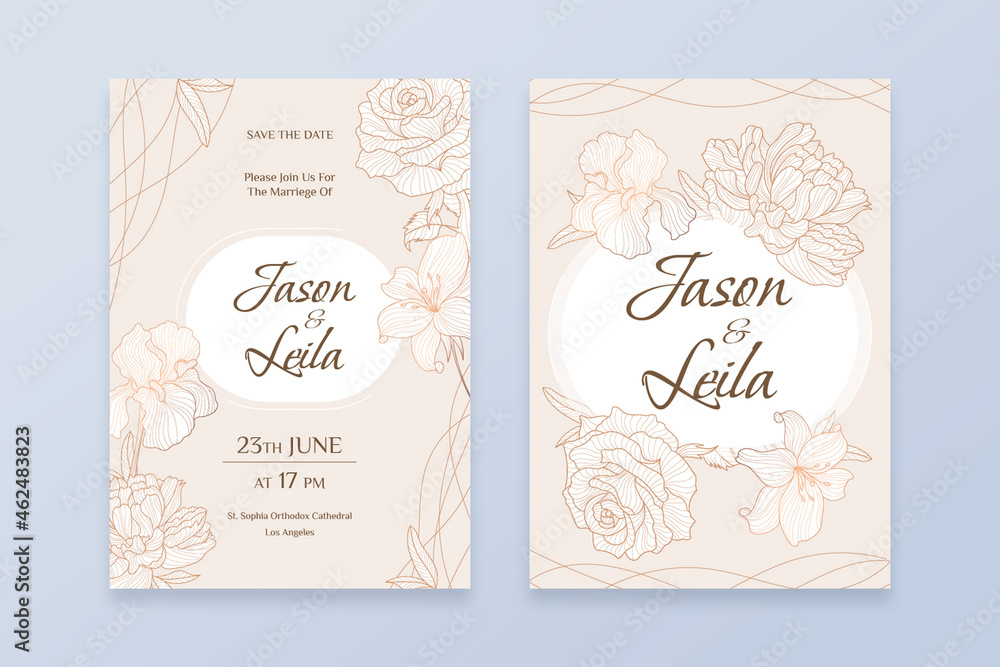 Vector wedding invitation postcard. Wedding decoration concept with rose, peony, lily and iris flowers. Gold linear design hand drawn flowers poster.