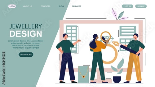 Jewellery design concept. Men present girl with gold ring. Landing page templates, graphic element for website. Jewelry luxury shop. Cartoon flat vector illustration isolated on white background