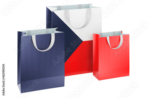 Shopping bags with Czech flag. Shopping in Czech Republic, concept. 3D rendering