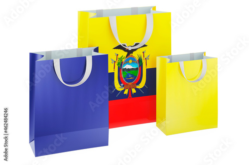 Shopping bags with Ecuadorian flag. Shopping in Ecuador, concept. 3D rendering