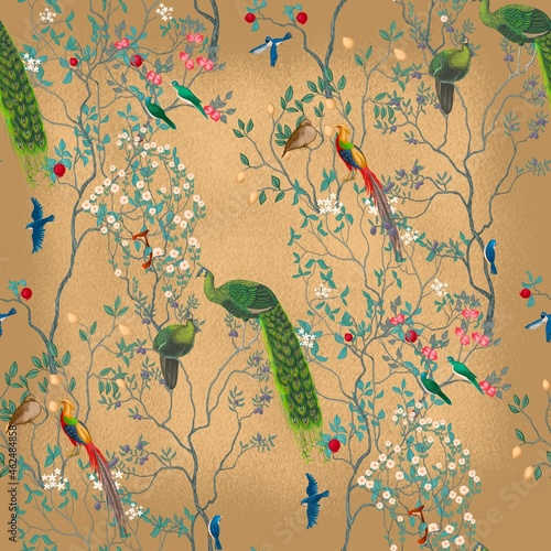 Chinoiserie Vintage floral illustration for wallpaper, fabric, poster, print. Mural. Bloom. Seamless background with exotic birds and flowers