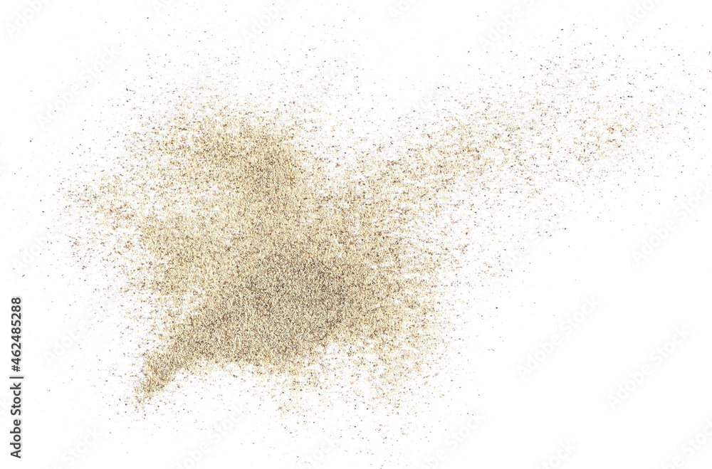 Milled white pepper powder pile, peppercorn isolated on white background, top view