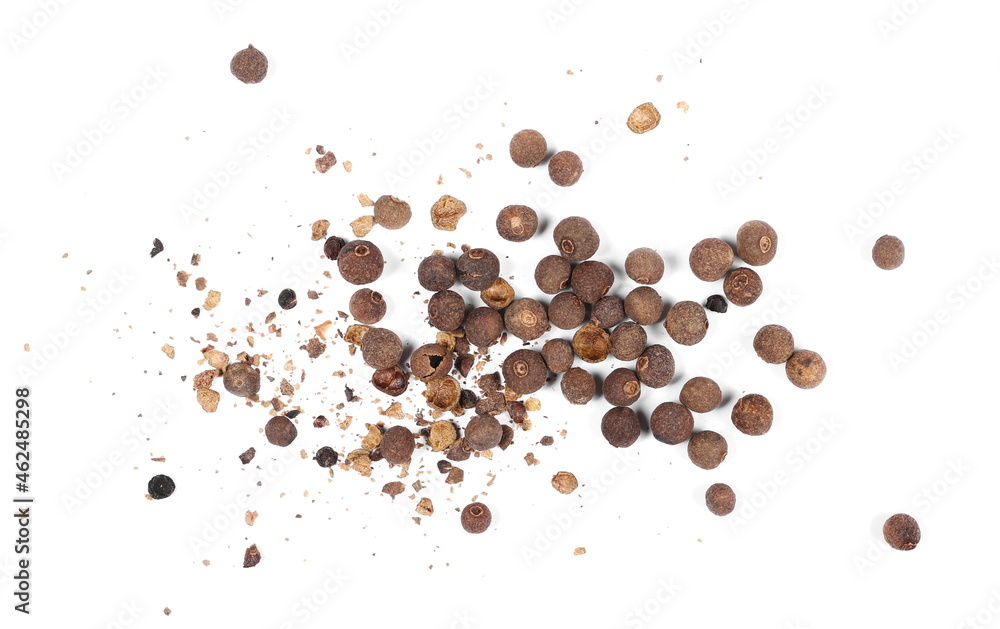Allspice, pimento spice, Jamaican pepper and shavings isolated on white background and texture, top view