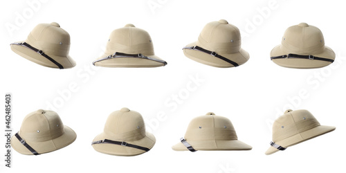 Set with stylish safari hats on white background, banner design. Trendy headdress