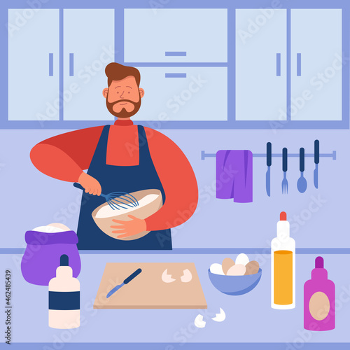 Smiling cook in apron mixing flour and eggs in bowl on kitchen table. Happy guy preparing dough for dessert flat vector illustration. Cooking, household, hobby concept