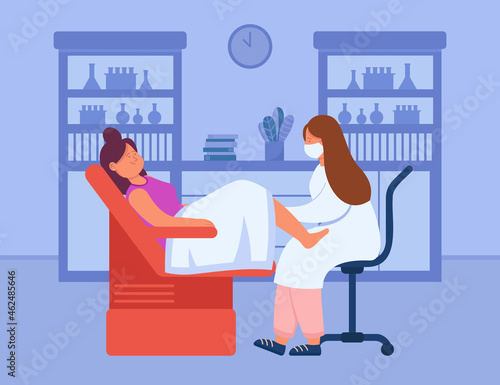 Gynecologist doctor examining womans vagina while she lying in gynecological chair. Cervix checkup screening appointment flat vector illustration..Gynecology, obstetrics, health concept