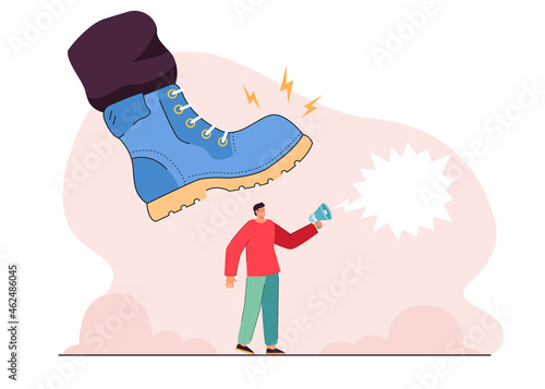 Business person under big military shoe of soldier. Tiny man with megaphone trampled by giant army boots flat vector illustration. Authority, authoritarian unfair pressure, freedom of speech concept