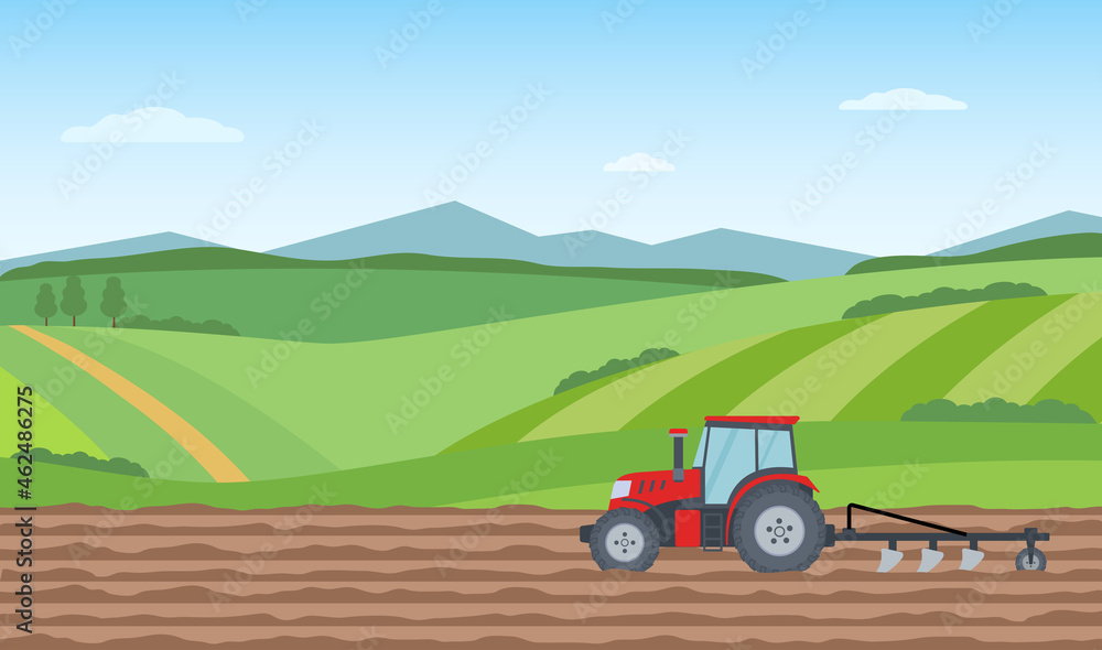 Tractor plowing the field on rural landscape background. Agriculture concept. Vector illustration. Tractor plowing the field on rural landscape background. Agriculture concept. Vector illustration.