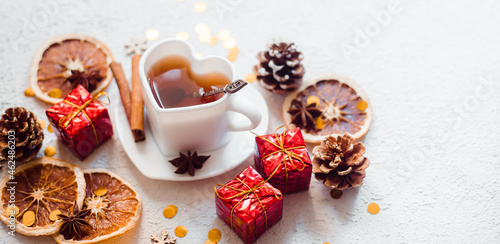 New Year 's tea on a white background . Glitter and white background. Holiday. Holiday decorations. The layout is a festive tea party. Christmas