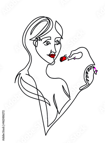One line drawing of business woman apply lipstick.  One continuous line drawing of lipstick concept. 