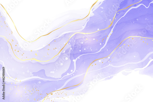 Purple lavender liquid watercolor background with golden lines. Pastel violet marble alcohol ink drawing effect. Vector illustration design template for wedding invitation, menu, rsvp