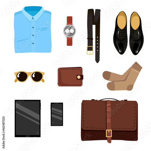 Male clothes for office work. Set of formal business accessories, clothes for official duty vector illustration. Belt, wallet, shoes, briefcase, shirt, tie, phone. Dress code, style concept