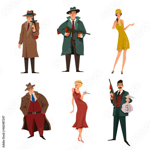 Mafia male and female cartoon characters set. Gansters in hats, killers, bodyguards with guns vector illustration on white background. Crime, risk, violence concept