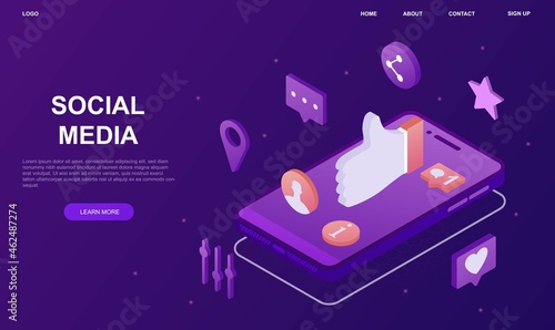 Media mobile application. Development of social application. Programs for communication on network, chatting with friends. Cartoon volumetric vector illustration isolated on violet background