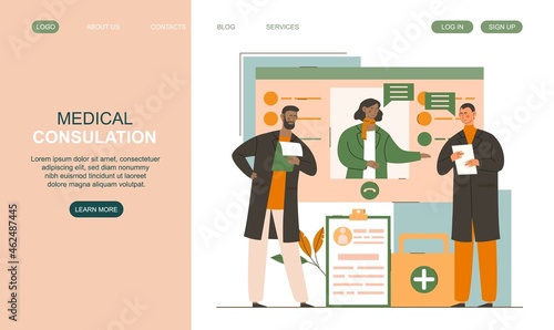 Medical consultation for young woman. Doctors check patients medical record. Professionals looking for best treatment for disease. Cartoon flat vector illustration isolated on white background