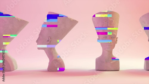 Glitch of Nefertiti head on light background. 4K. Ultra high definition. 3840x2160. 3D animation of seamless loop
