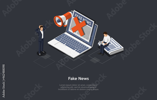 Fake News Spreading Concept Illustration. Isometric Vector Composition, Cartoon 3D Style. Dark Background, Text. Laptop With Information On Screen, Newspaper, Two Characters, Loudspeaker, Red Cross.