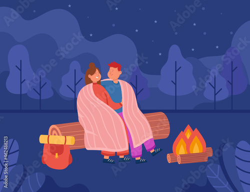 Young couple hugging and looking at night sky in forest. Girl and her boyfriend having romantic outdoor overnight staying on cliff. Flat vector illustration. Travelling, romantic scene, nature concept