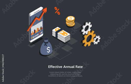 Vector Illustration. Cartoon 3D Style. Isometric composition. Conceptual Design. Effective Annual Rate. Finance And Banking Ideas. Smartphone, Graph On Screen, Mechanism, Money Related Items Around.