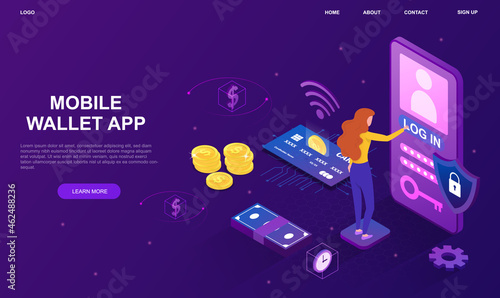 Mobile wallet app. Money transfers via Internet, girl pays for purchases from her smartphone. Landing page template, bank card. Cartoon volumetric vector illustration isolated on violet background