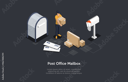 Isometric Composition, Vector Design. 3D Cartoon Style Illustration With Writing On Post Office Mailbox Concept. Posting Service. Female Staff Worker In Uniform With Cardboard Box, Envelopes, Letters.