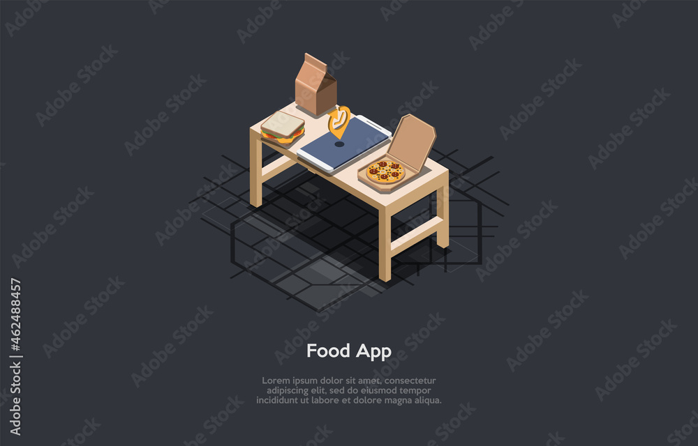 Fototapeta premium Dark Background, Conceptual Writing. Isometric Vector Composition, Illustration In Cartoon 3D Style. Foodstuff Related Application. Modern Online Program Or Mobile App For People. Recipes, Calories.