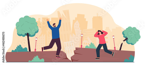 Evacuation of people from danger of earthquake in city. Man and woman running from disaster amid clefts on road, destruction of houses flat vector illustration. Natural disaster insurance concept