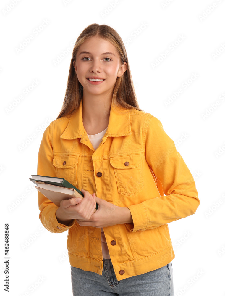 Teenage student holding books on white background Teenage student holding books on white background