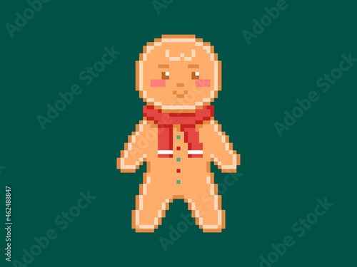 Pixel art full body Gingerbread classic cookie man in a scarf. Vector 8 bit style retro illustration of Gingerbread cookie man. Isolated xmas gingerbread Christmas figure for game or decoration.
