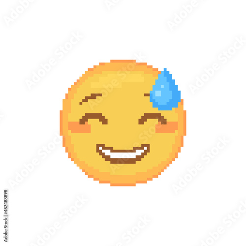 Pixel art Grinning emoticon with Sweat. Retro pixel emoji with blue bead of sweat nerves yellow face. Cute cartoon kawaii vector social media sweaty icon. 8 bit style Happy Sweat emoji yellow smile.
