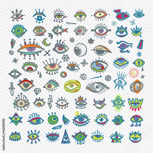 Set of various hand drawn eyes, freehand doodle style.