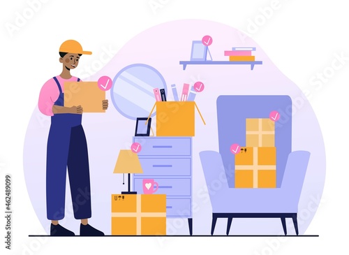 Young man moving house. African American loader puts things in boxes. Moving from one apartment to another. Worker in uniform with cardboard boxes. Vector illustration isolated on white background